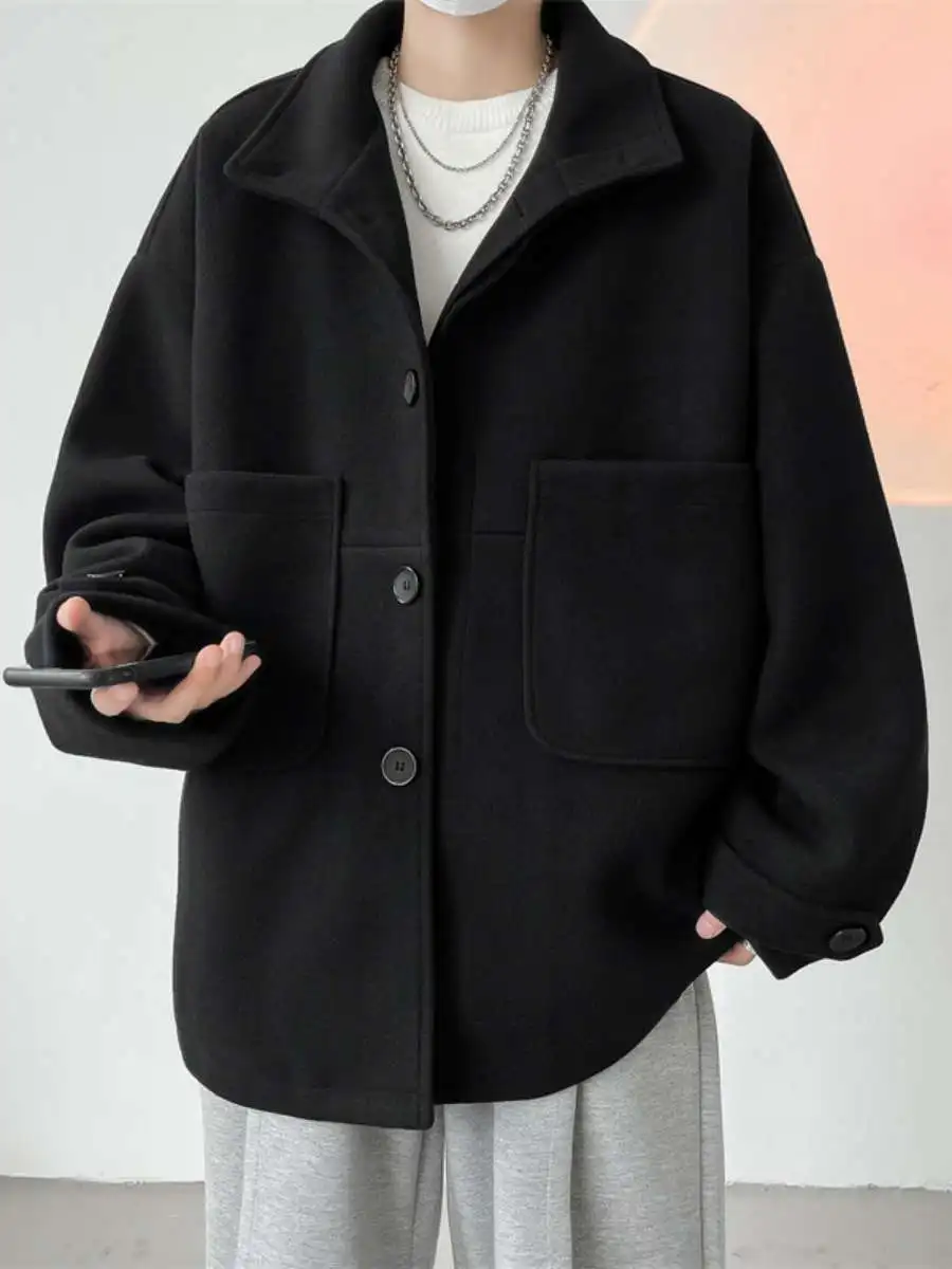 

Autumn Winter Men's Woolen Coat Oversize Workwear Jaet Long Sle Flip Collar Other Material 00% Spring Collection