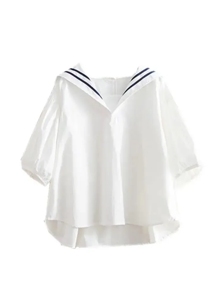 بلوزة Merry جميلة حلوة مخططة بياقة بحار بلوزات كاجوال نصف كم قمصان نسائية صيفية جديدة بلوفر كوري Blusas De Mujer