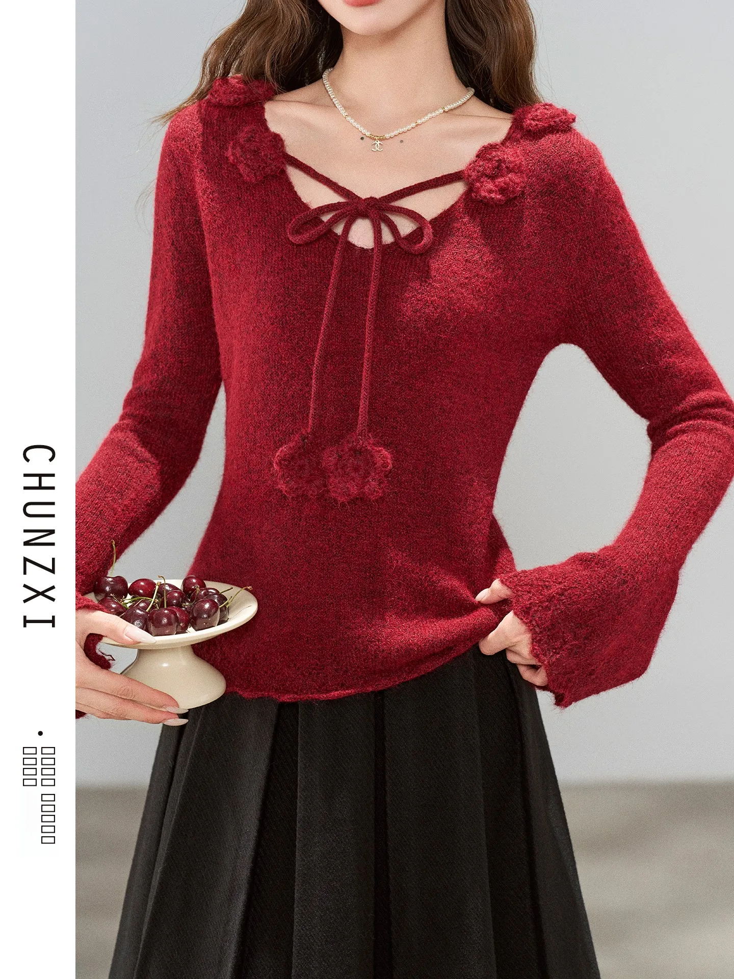 

Красный вязаный свитер с цветочной вышивкой, приталенный, женский, новогодний, модный топ с V-образным вырезом, длинными рукавами, в корейском стиле