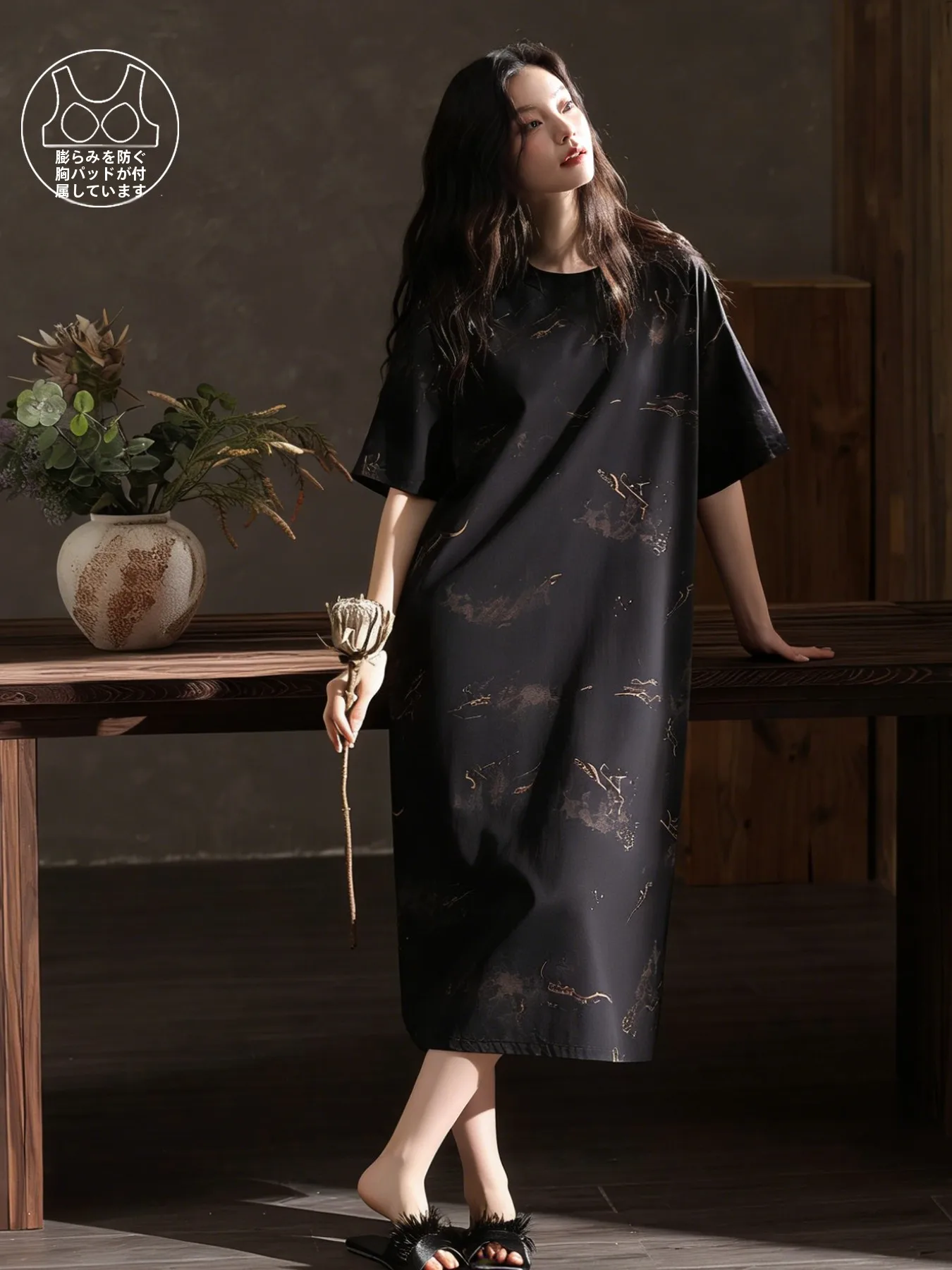 純綿女性用寝間着夏のファッションホーム服半袖ロングドレス胸パッド付きプリント柄ラウンドネックプルオーバー