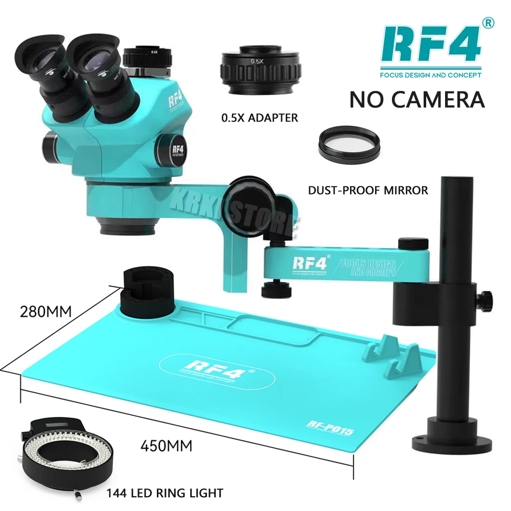 RF4 Trinocular Stereo Microscope Precise Locking Magnification Zoom ，360 ° Rotation Adjustable Swing Arm Universal 7050PRO-F019