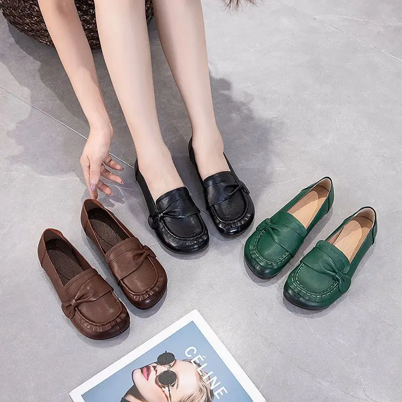 New Spring Autumn Women Flats Genuine Leather Woman Casual Shoes Slip-on Loafers Female Low Heels Mom\'s Shoes