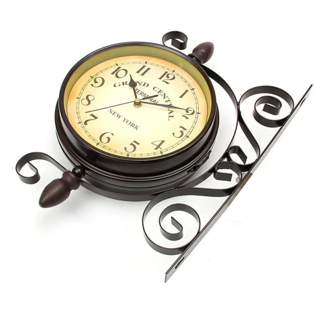 

Vintage Inspired Double Sided Wall Clock Wrought Iron Train Grand Station Style Dustproof And Moistureproof Coating