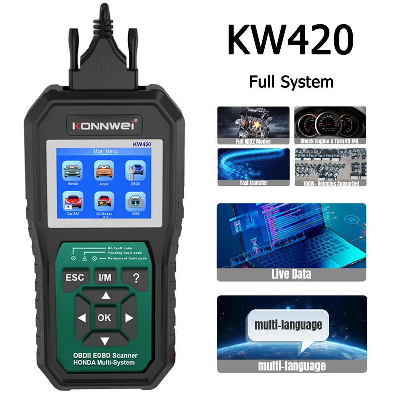 KONNWEI KW420 Full System OBD2 Diagnostic Scanner 6V 12V 100-2000CCA Oil Reset Code Readers Clear Trouble Battery Tester
