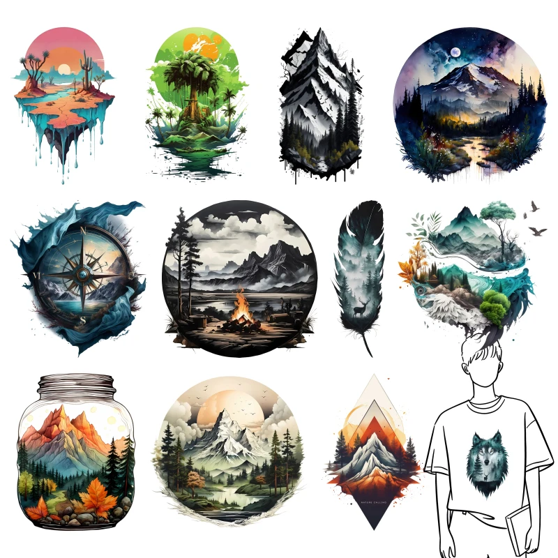 Fashionable Outdoor Heat Transfer Patch Forest Compass Personalized DIY Clothing Accessories for Men and Women Iron-On Decals