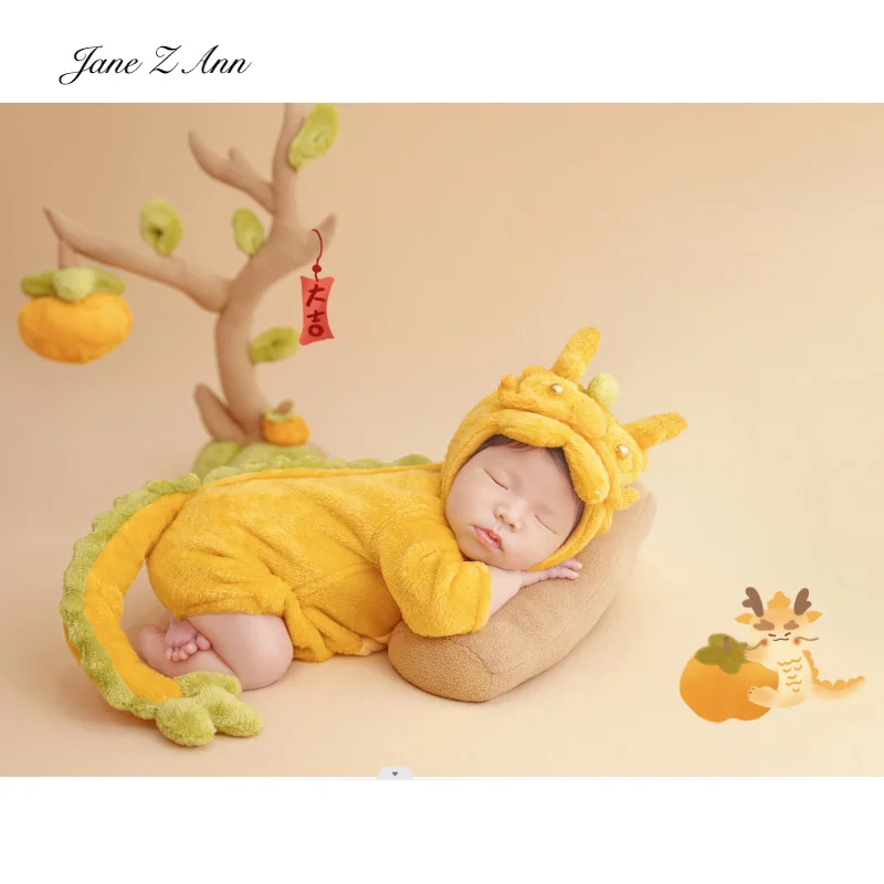 Baby Loong year costume yellow hat and jumpsuit creative studio shooting newborn baby photo props yellow green color