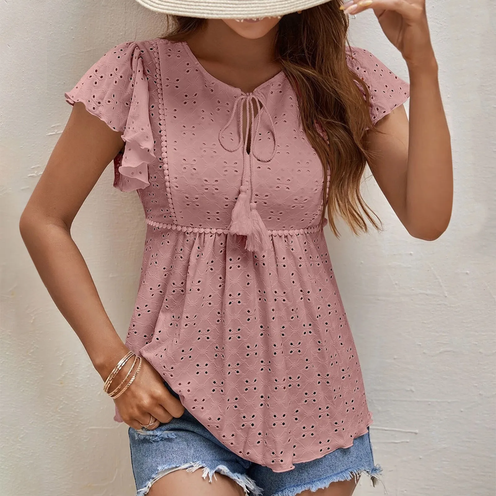 Summer Lace Short Sleeves Blouse Elegant Lady\'s Shirts Solid Color Round Neck Drawstring Slim Fit Women Shirt Hollow Out Blouses