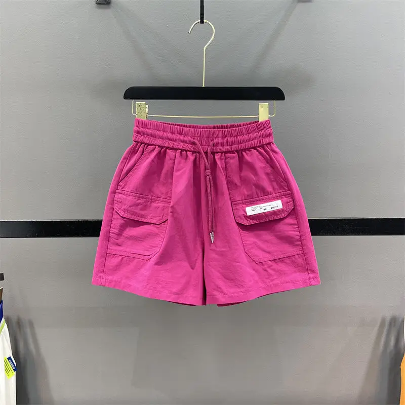 

2024 Summer Thin Workwear Pocket Spliced Casual Shorts Women's Solid Color Elastic Waist Drawstring Loose A-line Wide Leg Pants