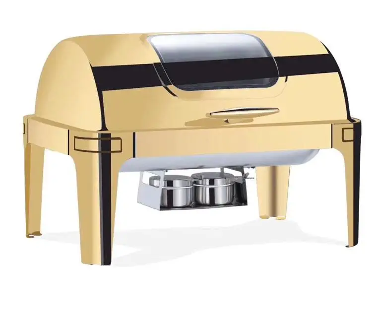 Luxury Large Stainless Steel Chefing Dish Gold 6.5L Big Roll Top Round Catering Chafing Dish Food Warmer