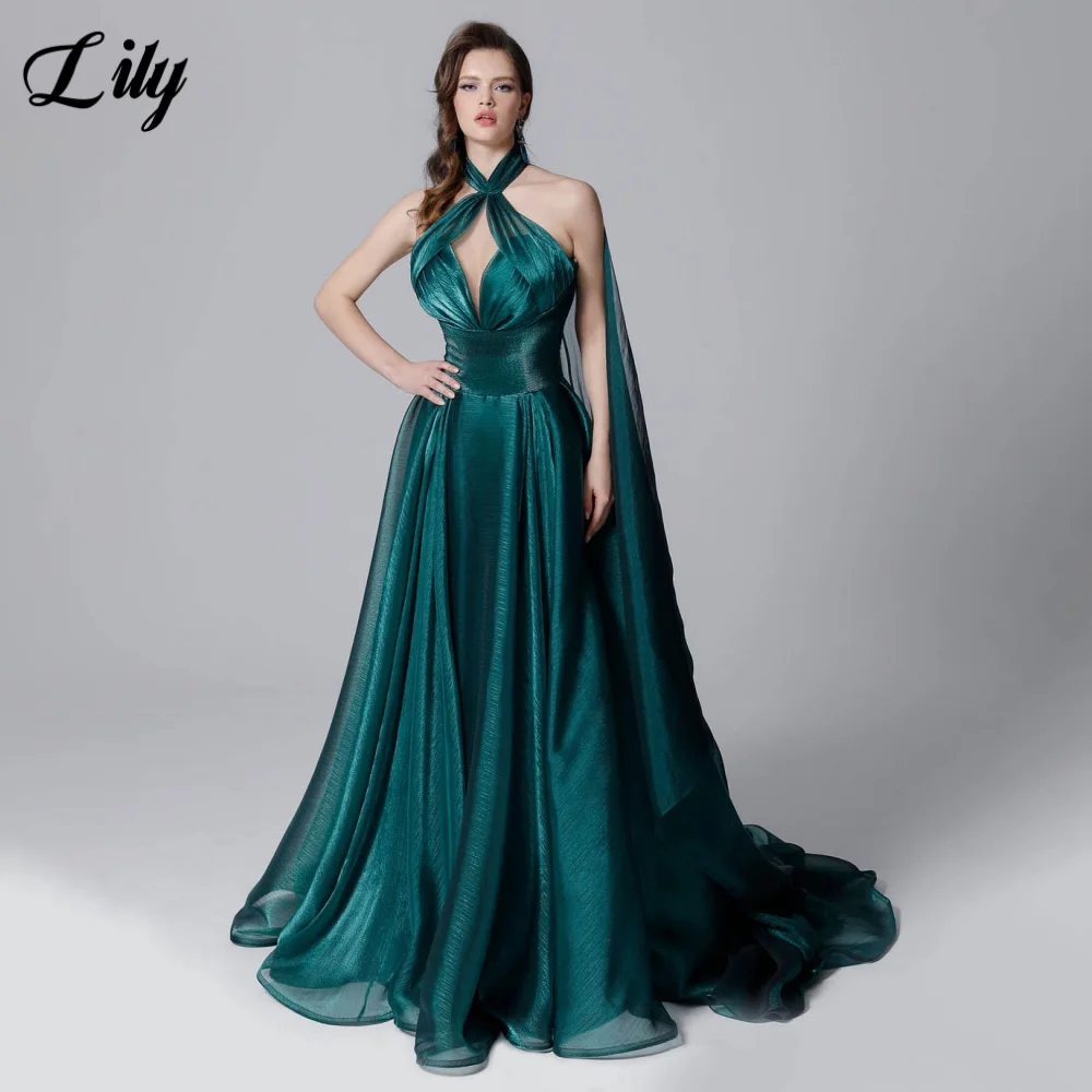 

Lily Green Elegant Formal Gown Halter V-Neck Sleeveless Prom Dresses A-Line Trailing Evening Dresses robes de soirée Customized