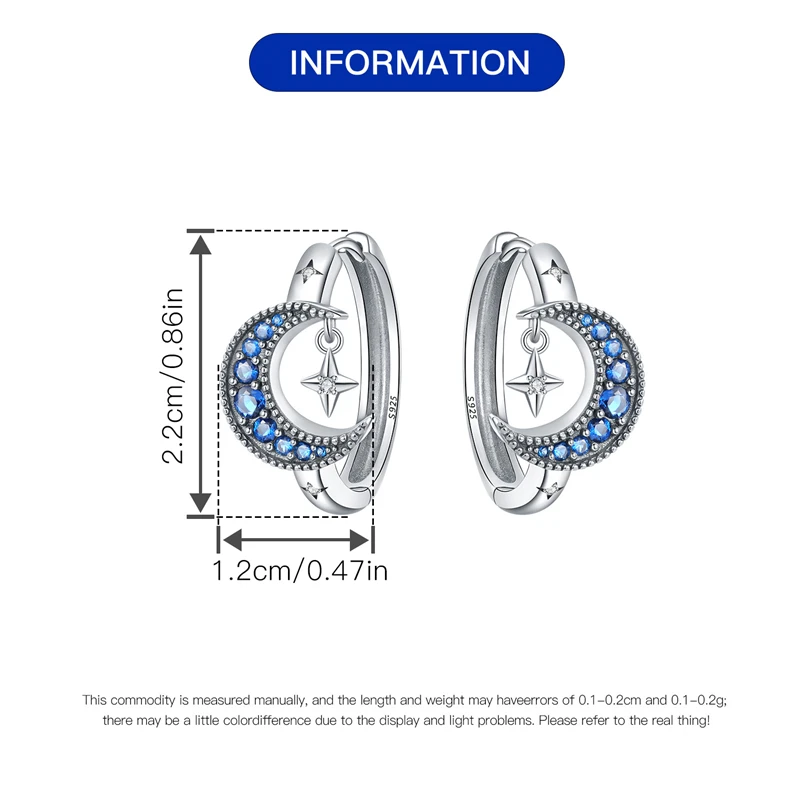 Real 925 Sterling Silver Hoop Earrings Moon Star Earrings For Women Engagement Wedding Party Birthday Gift Silver Jewelry