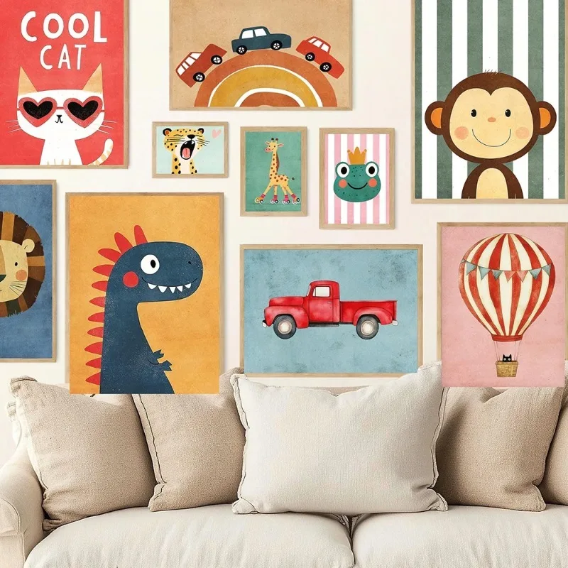 Funny Animals Posters Prints Wall Art Canvas Neutral Nursery Pictures For Baby Kids Room Decor Tiger Lion Frog Bear Cat Balloon
