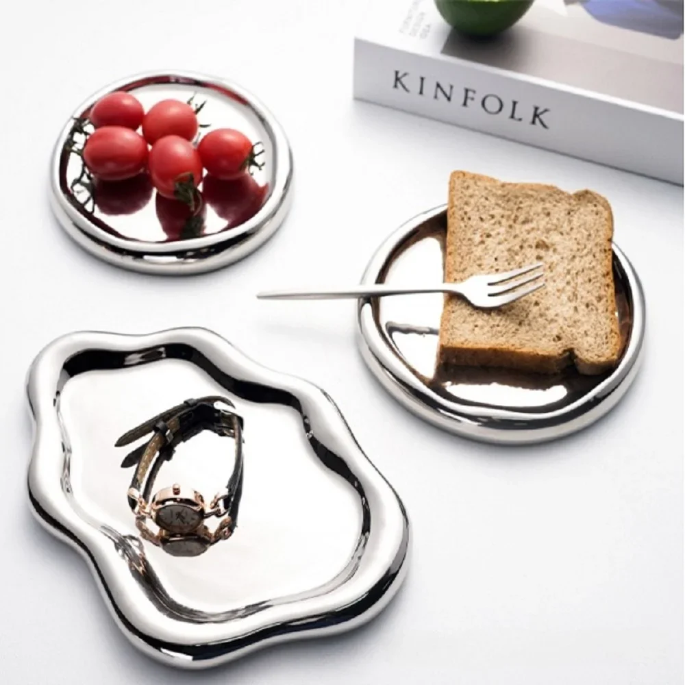 Ins Simple Storage Tray Silver Ceramic Jewelry Tray Decorative Tray Arrangement Creative Plating Jewellery Tray