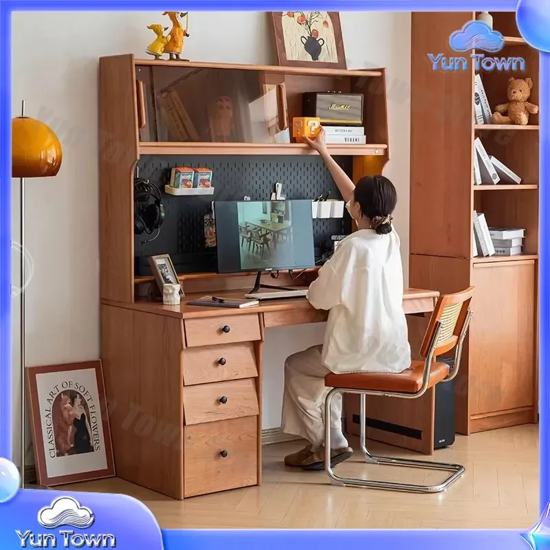 Nordic Solid Wood Desk for Small Apartment Wall Mounted Study Desk with Bookshelf Integrated Computer Desk Simple Bookcase