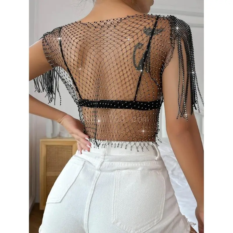 Women See Through Mesh Diamond Tanks Tops Sexy Summer Hollow Out Beach Cover ups Crop Tops for Raves Festival Clubwear