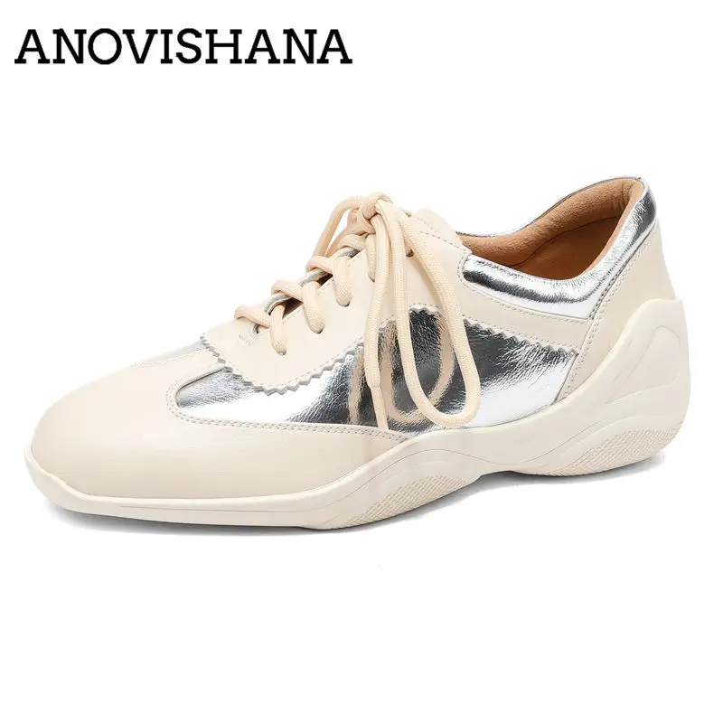 ANOVISHANA Full Top Grain Leather Women Sports Training Shoes Lace Up 4.5cm Increased Heel Splicing Mixed Color Sneakers Silver