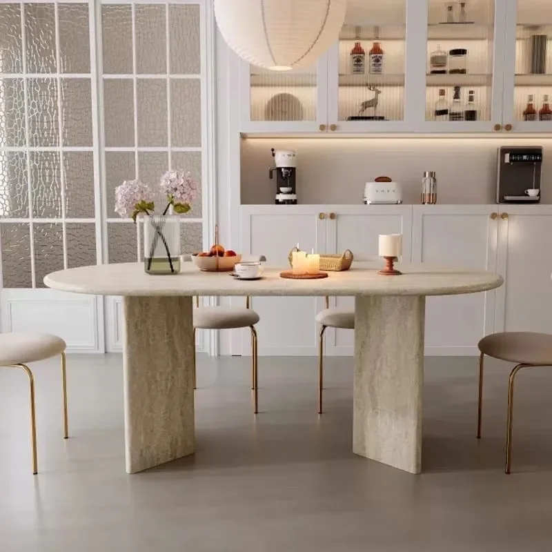 Modern French Minimalist Travertine Marble Oval Dining Table Set with Chairs Light Luxury Small Apartment Household Furniture