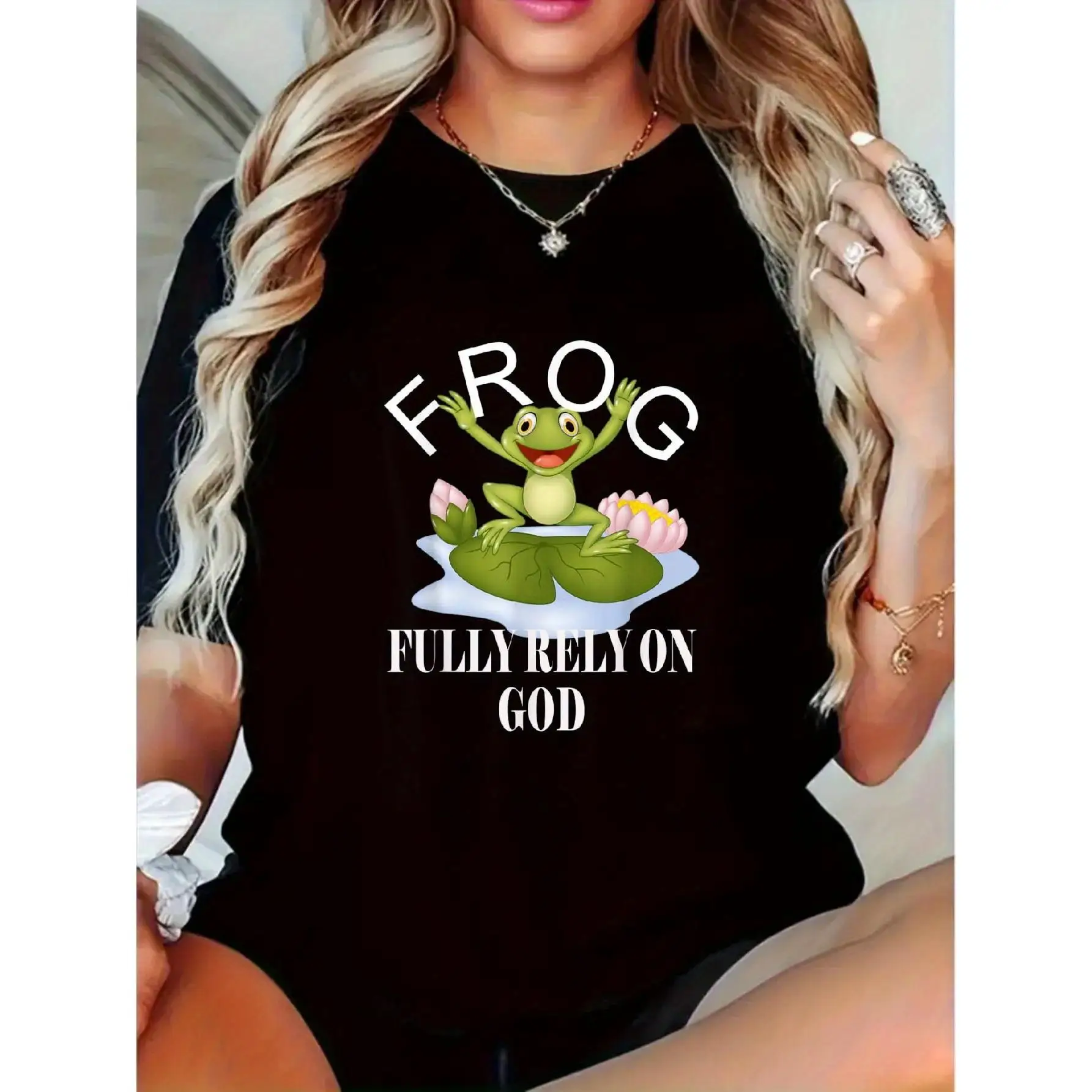 

Women's Christian Frog T-shirt "FULLY RELY ON GOD" Print Short Sleeve Loose Faith Inspired Top Cute Animal Religious Gift
