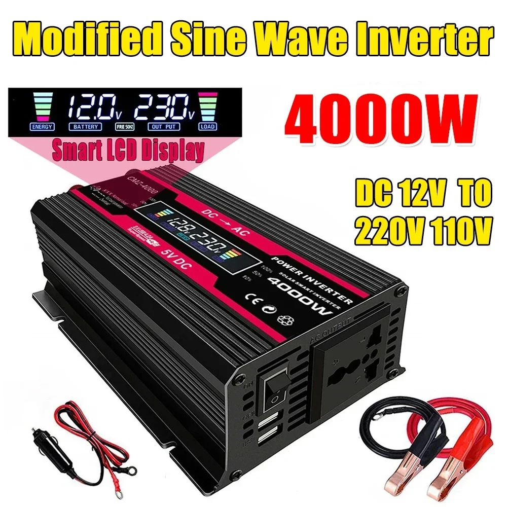 Inversor de Onda Senoidal Modificada 4000w 12v para 110v 220v Conversor de Tensão Porta Usb Dupla Display Lcd Inteligente Inversor de Energia para Carro