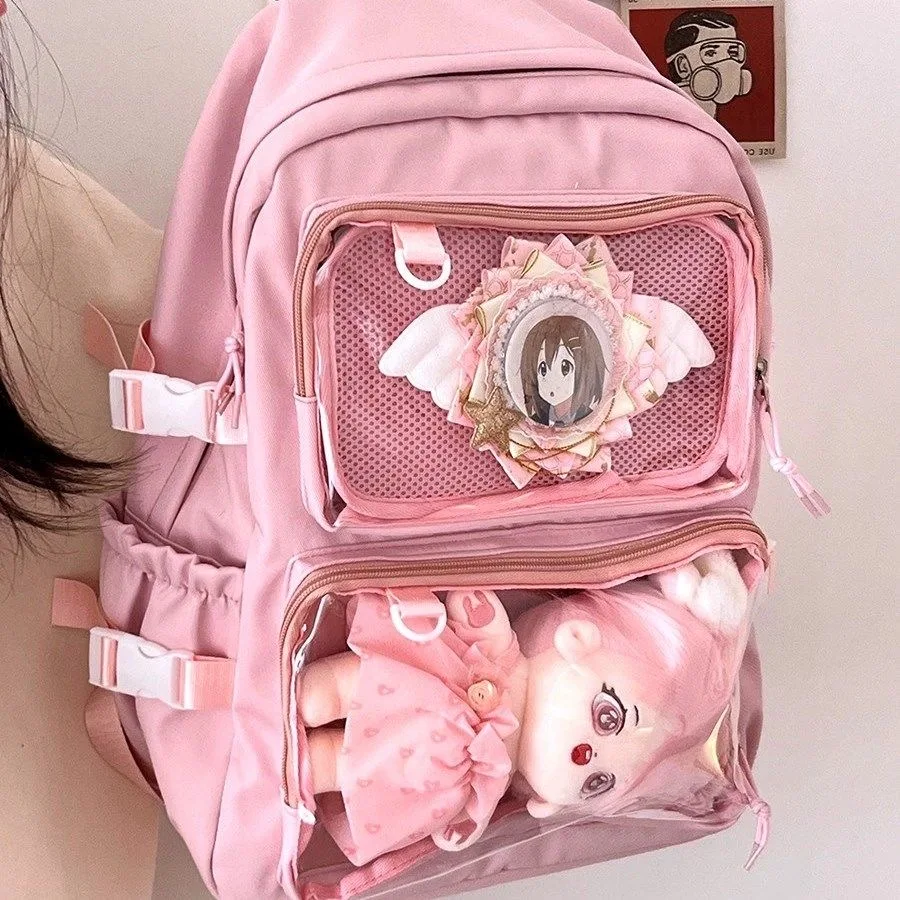 Mochila de escuela secundaria japonesa Y2K para niñas, bolsillos transparentes, Itabag para muñecas, alfileres, placa de exhibición, mochila para