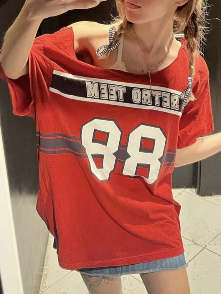 Americano retro y2k fora do ombro manga curta camiseta feminina verão casual solto ajuste algodão topo carta impressão streetwear estilo legal