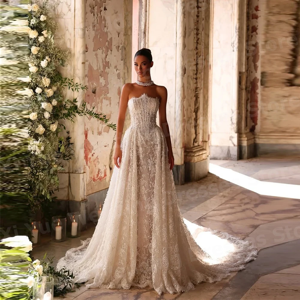 Luxuriöse A-Linie Brautkleider für Damen, glänzende Spitze, Vestido De Novia, Brautkleider, maßgeschneidert, ärmellos, rückenfrei, Vestido