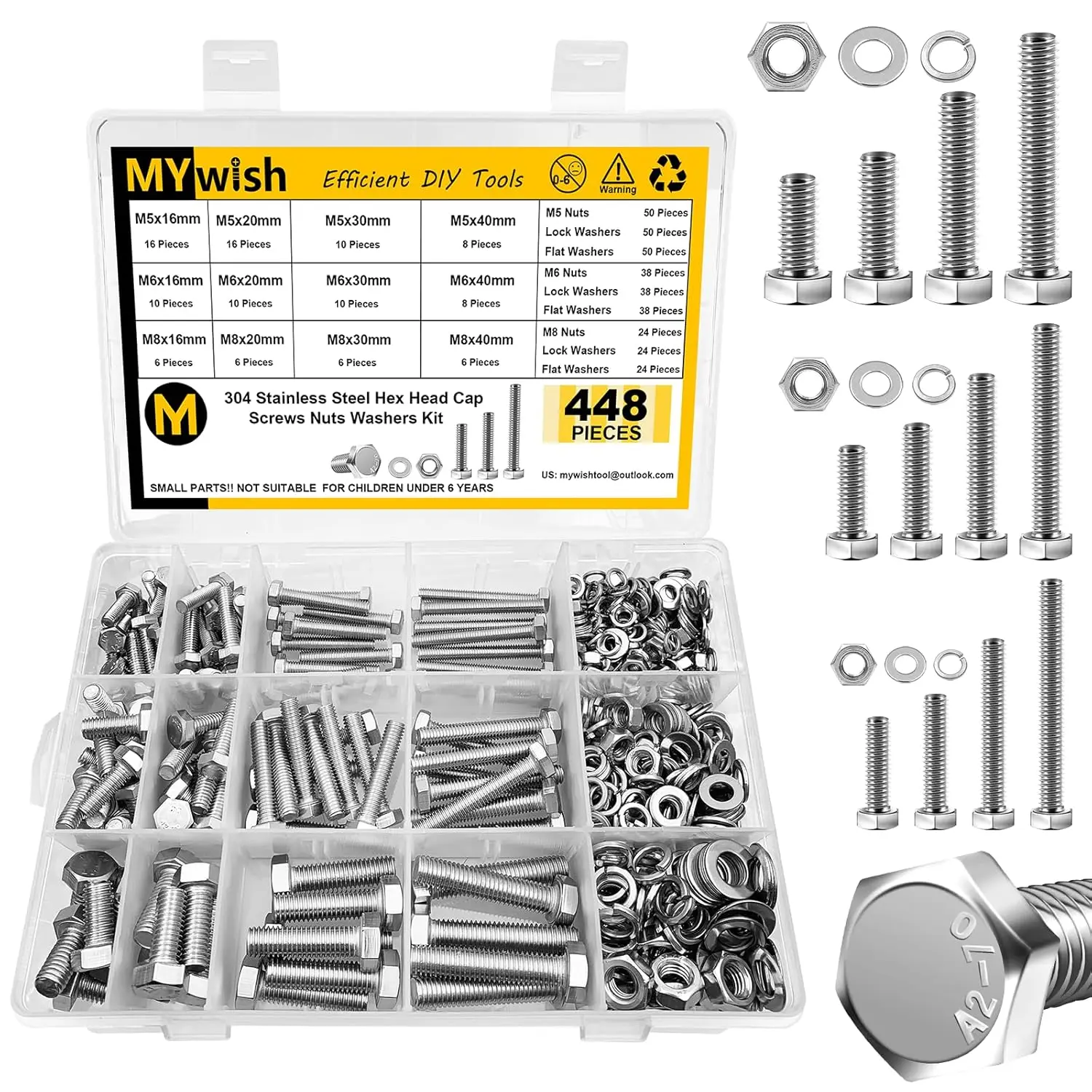 

448PCS M5 M6 M8 Screw Set, 304 Stainless Steel Metric Bolts with Nuts and Washers for DIY and Repair