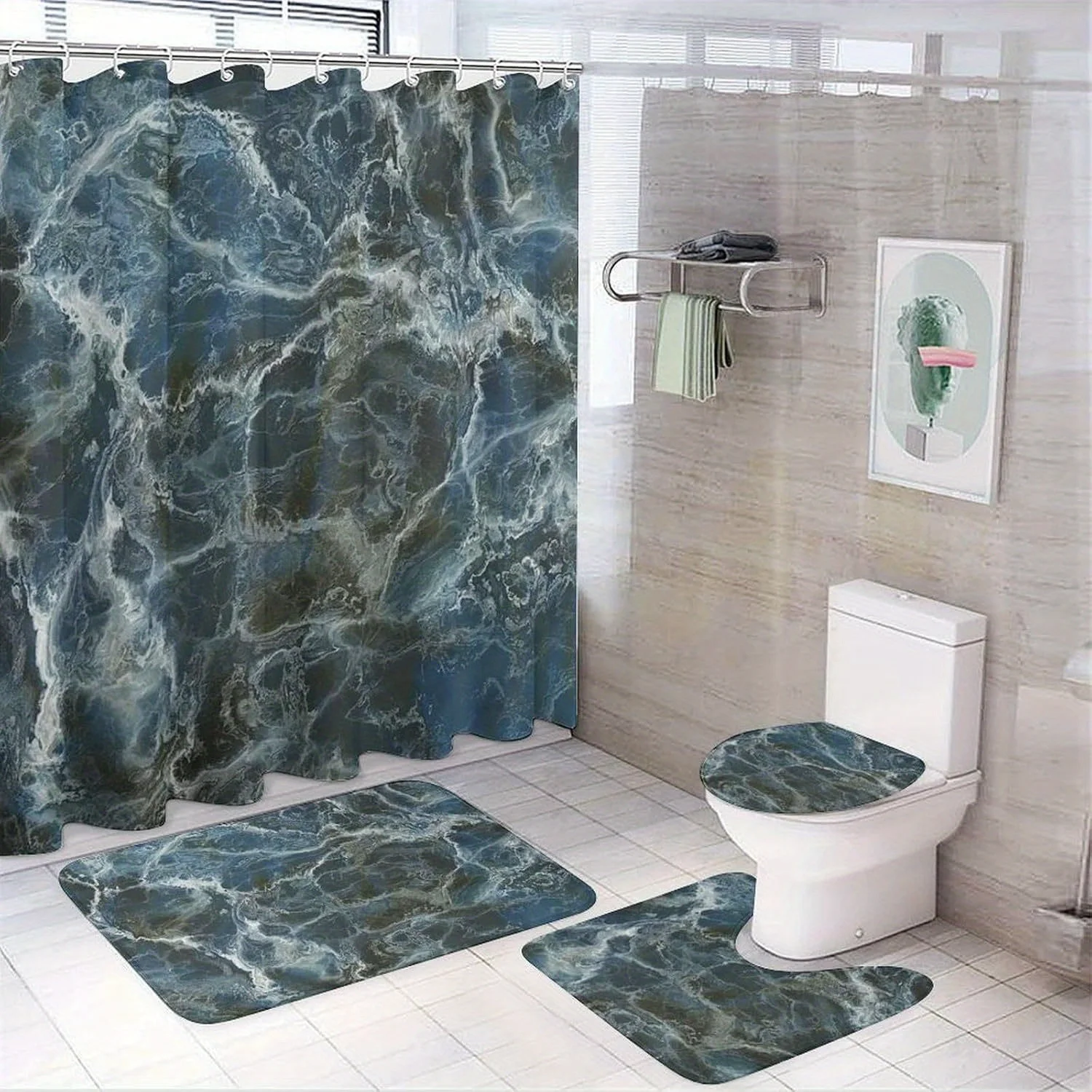 

4pcs Marble Decorative Shower Curtain Set, Shower Curtain with 12 Hooks, Non-Slip Bathroom Rug, Toilet U-Shaped Mat, Toilet