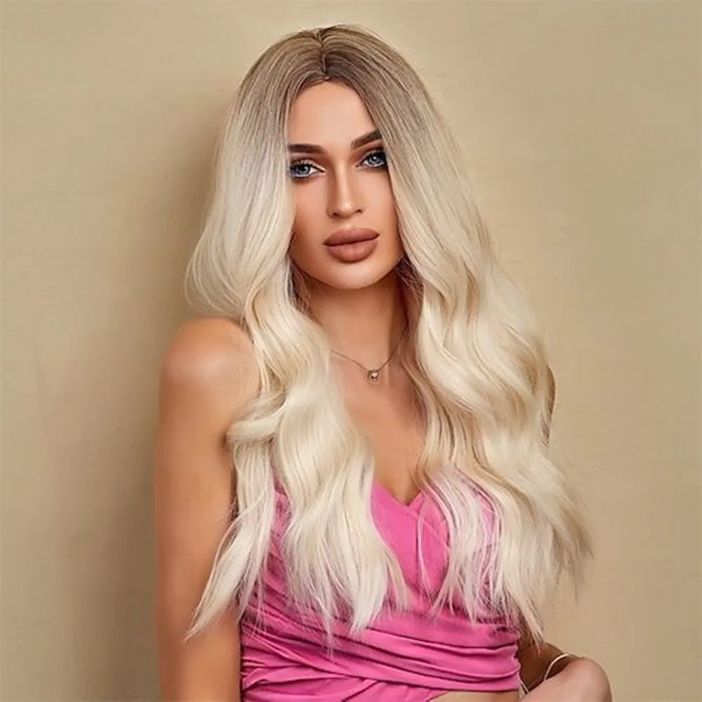 ALAN EATON Long Blonde Synthetic Wigs for Women Curly Hair with Dark Roots Middle Parting High Temperature Fiber Natural Looking