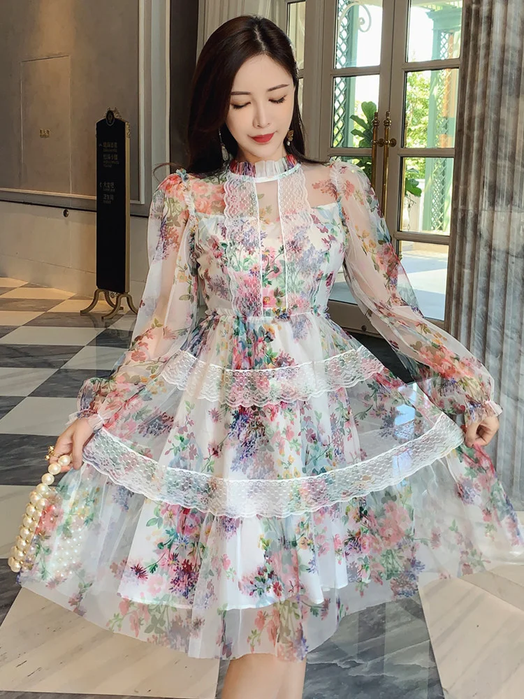 Mesh Tulle Dress Women 2023 Summer Fairy Lace Trim Patchwork Flower Print See Through Puff Long Sleeve Cakes Party Vestidos