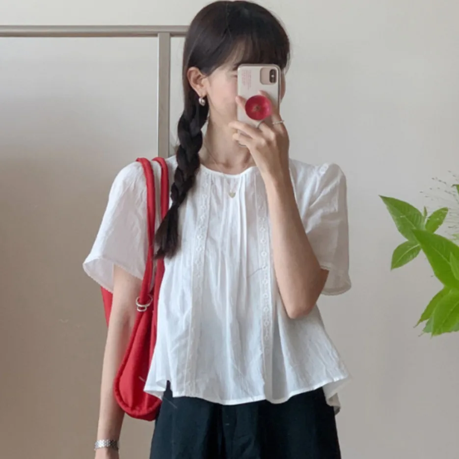 Sweet Style Lace Trim Blouse Women's Spring Summer  Youthful Doll Shirt Gathered Paneling Romantic Forest Girl Gentle