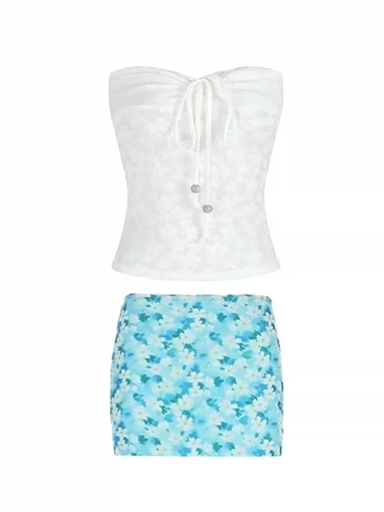 

Hot Girl Summer Vacation Style Short Skirt Set Women Unique Beautiful Floral Halter Neck Dress High Waist Elastic Fabric