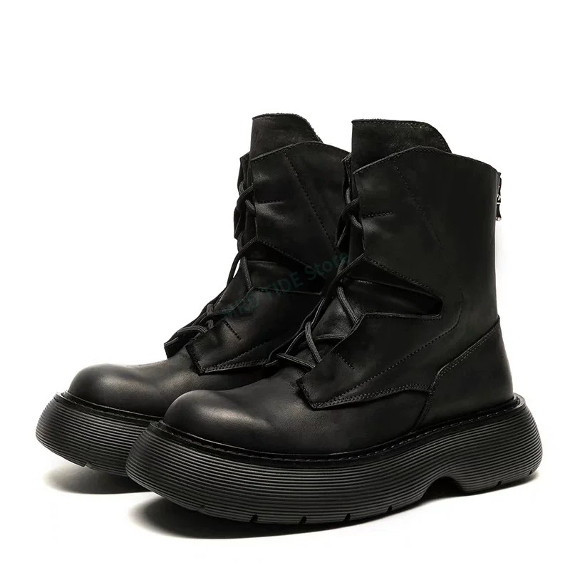 Brand Men Casual Shoes Genuine Leather Zip High Top Ankle Shoes Flats Luxury Designers Black Gothic Owen Fleece Men's Boots