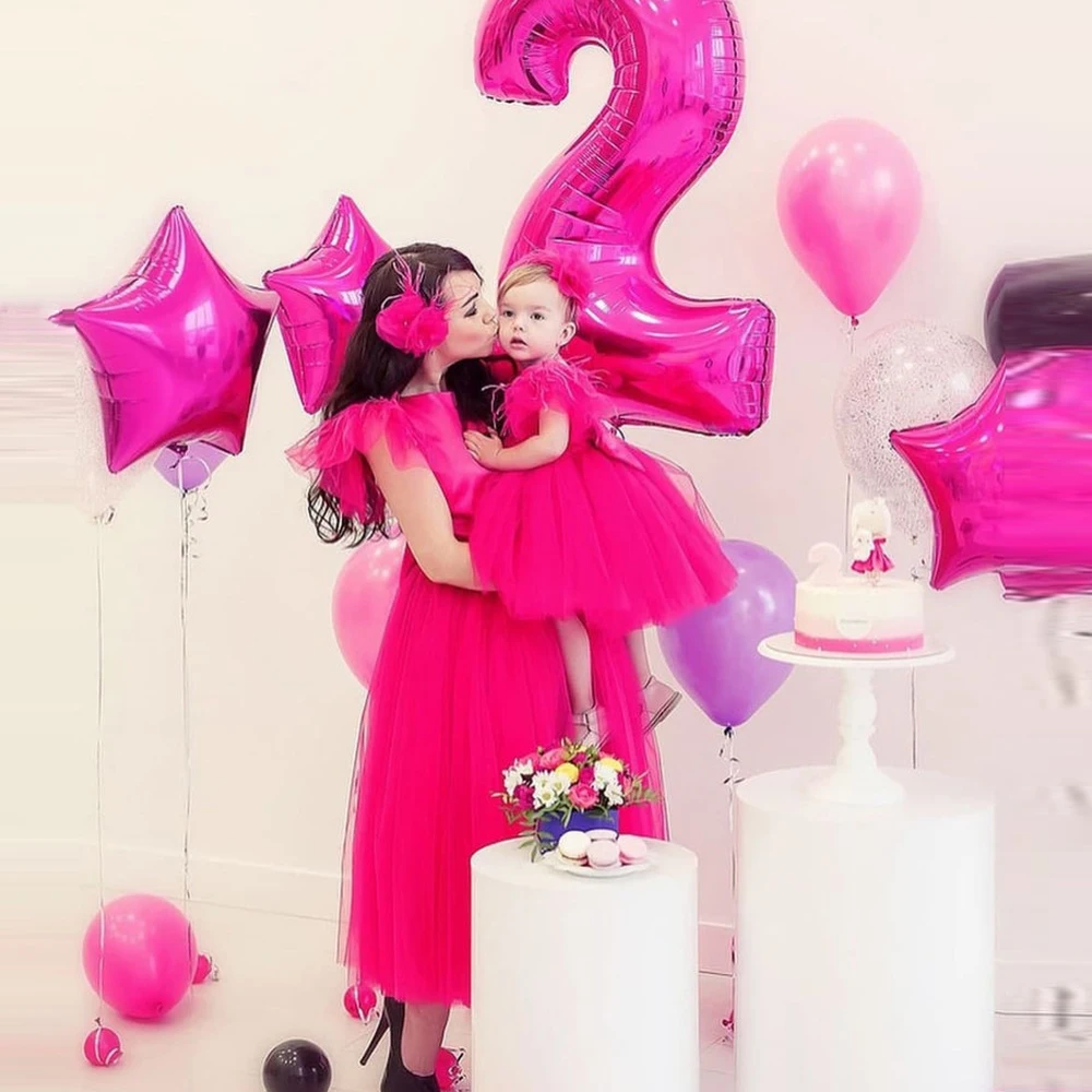 Fuchsia Mother And Kids Tulle Dress With Ruffles Cap Sleeves A Line Mom And Me Birthday Dress Martching Gowns For Photo Shoot