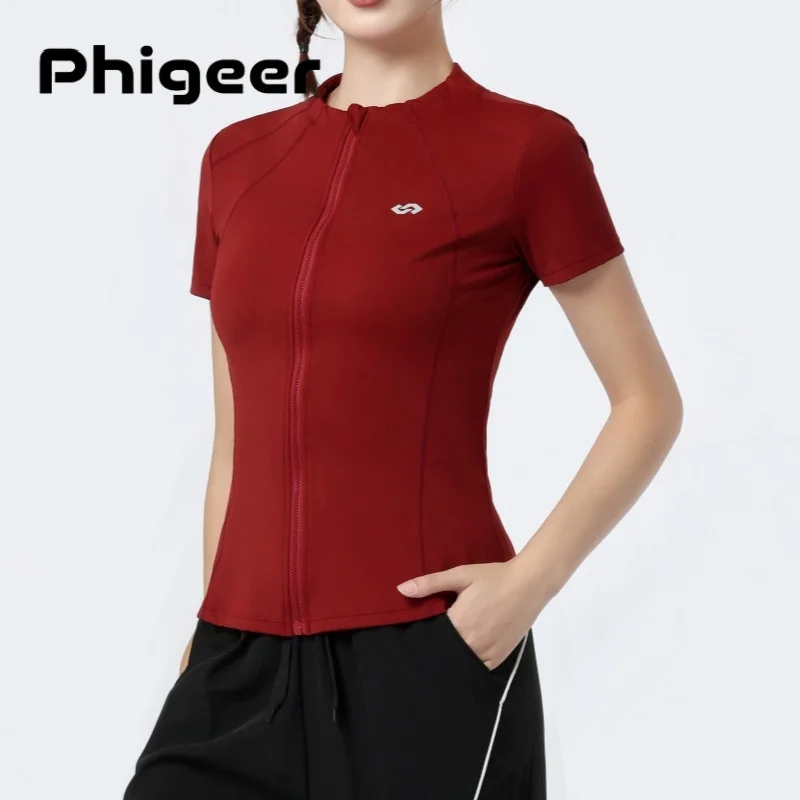 PHIGEER Full Zip Yoga Top With Pocket, Breathable Slim Fit Gym Running Shirt, Women Skinny Quick Dry Fitness Sport Sweatshirt