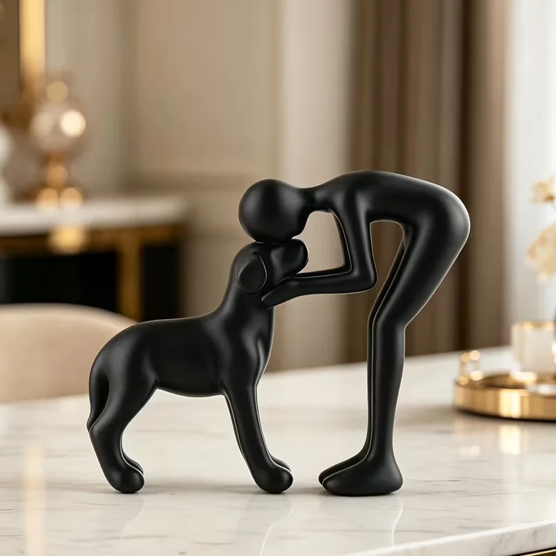 Human & Dog Figurine Abstract Pet Lover Sculpture Black White Man Kiss Puppy Statue 3D Tabletop Coffee Table Cabinet Decor Gift