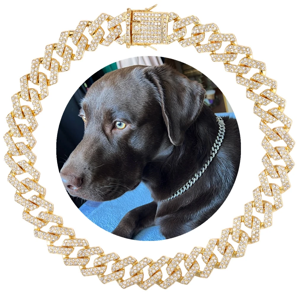 

20MM Dog Chain Collar with Secure Buckle Cuban Chain Pet Necklace Bling Iced Out Rhinestone Miami Cuban Dog Collar Jewelry