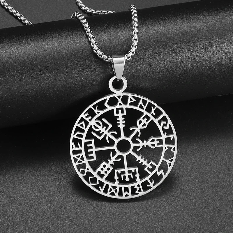 Stainless Steel Vintage Rune Compass Necklace Round Pendant for Men Fashion Trend Amulet Nordic Jewelry