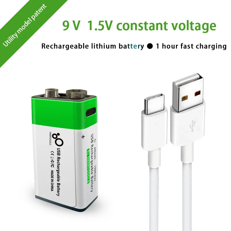 Rechargeable 9V battery, USB, 650mAh, suitable for multimeter, microphone, remote control, KTV, fast charging