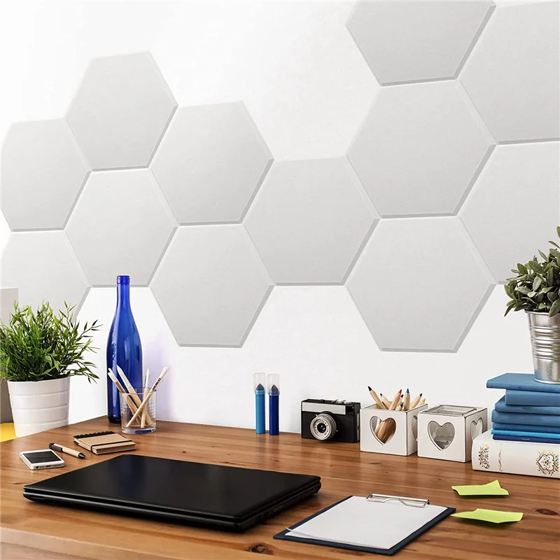 12 Pack Self Adhesive Acoustic Panels, 14 x 12 x 0.4inch Soundproof Panels, Hexagon Sound Absorbing Panels white