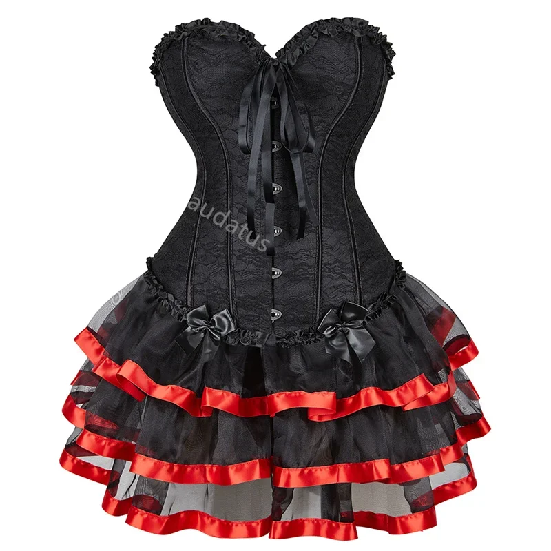 

Corset Dress Skrits Set Tutu Overbust With Lace Costume Party Sexy Burlesque Ladies Basques Outfit Plus Size Gothic Black Green