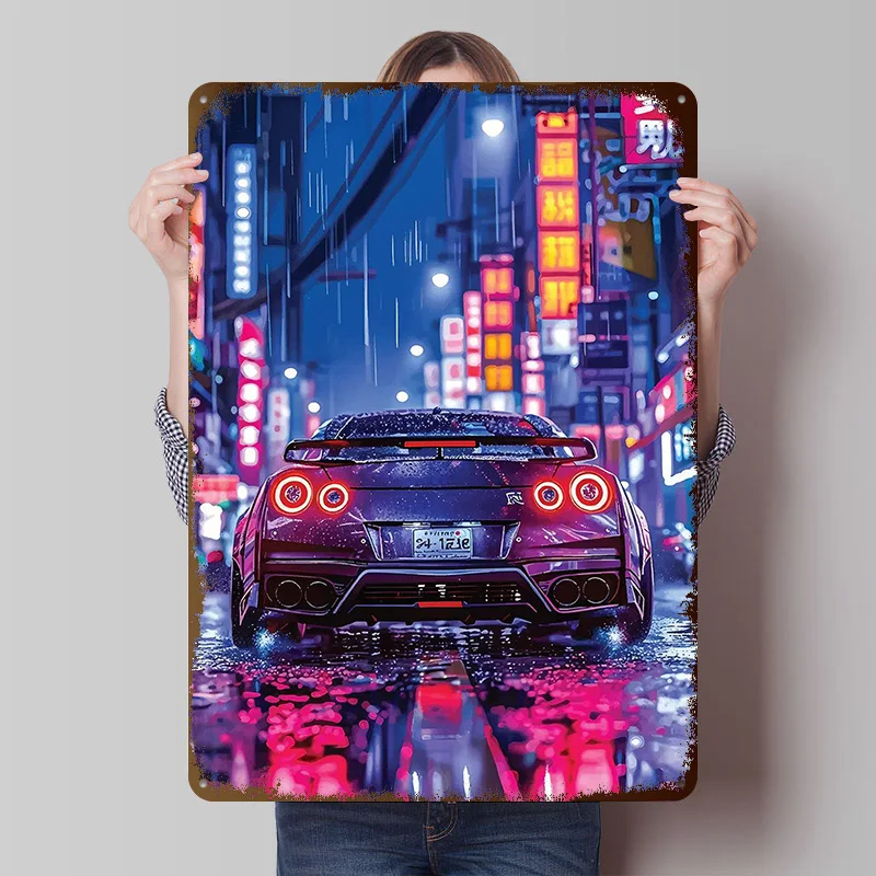 Sports Car Skyline in Neon City Printed Poster Customized Wall Art Retro Vintage Metal Tin Signs for Room Decoration Home House