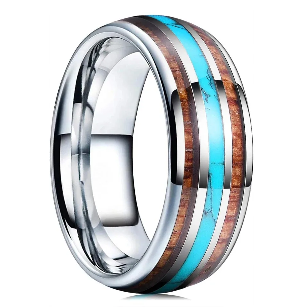 Fashion 8mm Men Stainless Steel Koa Wood Rings Inlay Blue Turquoise Stone Rings For Men Wedding Engagement Band Jewelry Gift