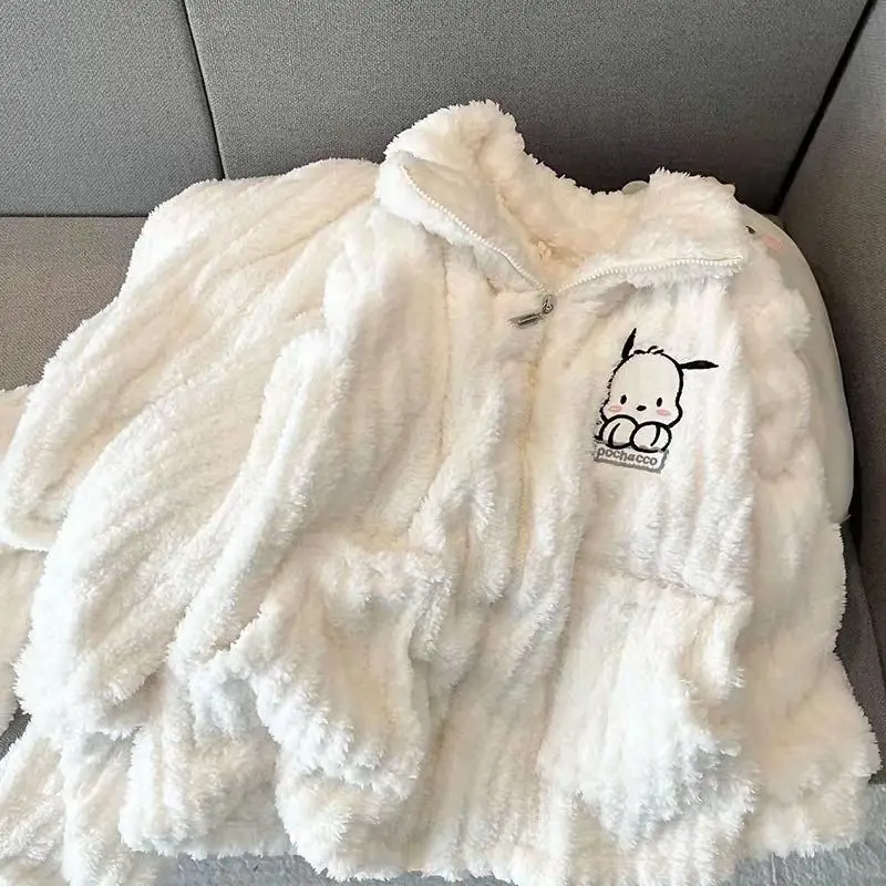 ชุดนอนเฮลโลคิตตี้แบบหนา 2 ชิ้น ซานริโอ้ สำหรับเด็กผู้หญิง ผ้ากำมะหยี่คอรัล พร้อมเสื้อคลุมกำมะหยี่แบบใหม่ สไตล์ฤดูหนาว ชุดนอนแบบมีซิป เสื้อคลุมใส่ในบ้าน