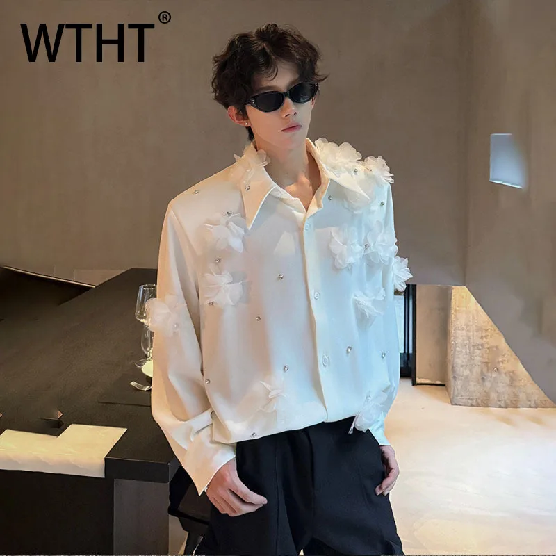 

WTHT Fashion Men's Heavy Industy 3D Flower Beads Shirts Trendy 2025 Autumn Solid Color Lapel Long Sleeves Tops Mlae 2A2061