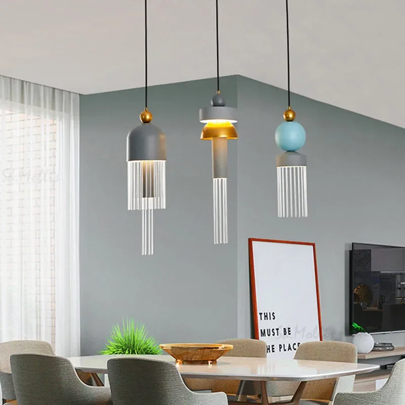

Nordic Modern Restaurant Pendant Lights Iron Glass Blue Gray Macaron Lamp Bedroom Bedside Clothing Store Bar Minimalist Table Li