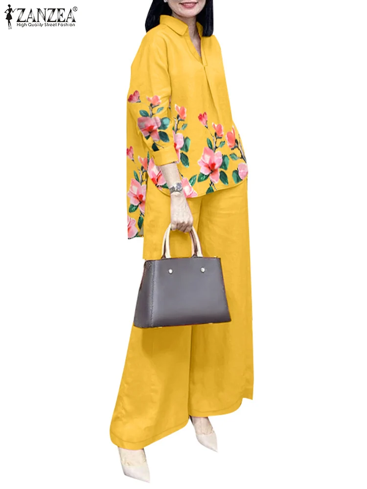 ZANZEA Fashion Women Suits 2024 Fall Oversize Wide Leg Trouser Floral Print Long Sleeve Shirt Pant Sets Loose Casual 2pcs Outfit