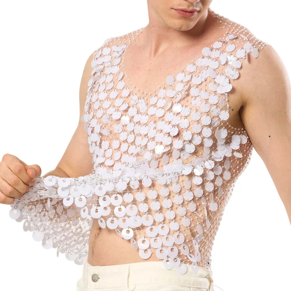 Shiny Sequin Sleeveless Tank Tops Sexy Men Hollow Out See Through Party Clubwear Glitter Rave Festival Show Stage Costume Vest