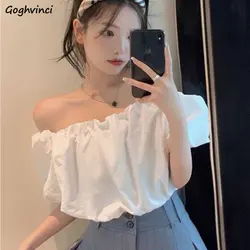 Slash Neck Blouses Women Puff Sleeve Hotsweet Thin Solid Simple All-match Design Crop Tops Summer Popular Chic Korean Style Sexy