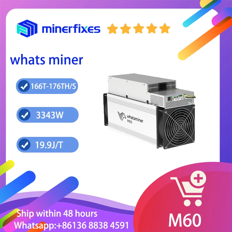 MicroBT Whatsminer M60 3343W 166T/168T/174T/176T/178T/180T/182T/184T penambang Bitcoin BCH/BTC/BSV baru pengiriman gratis